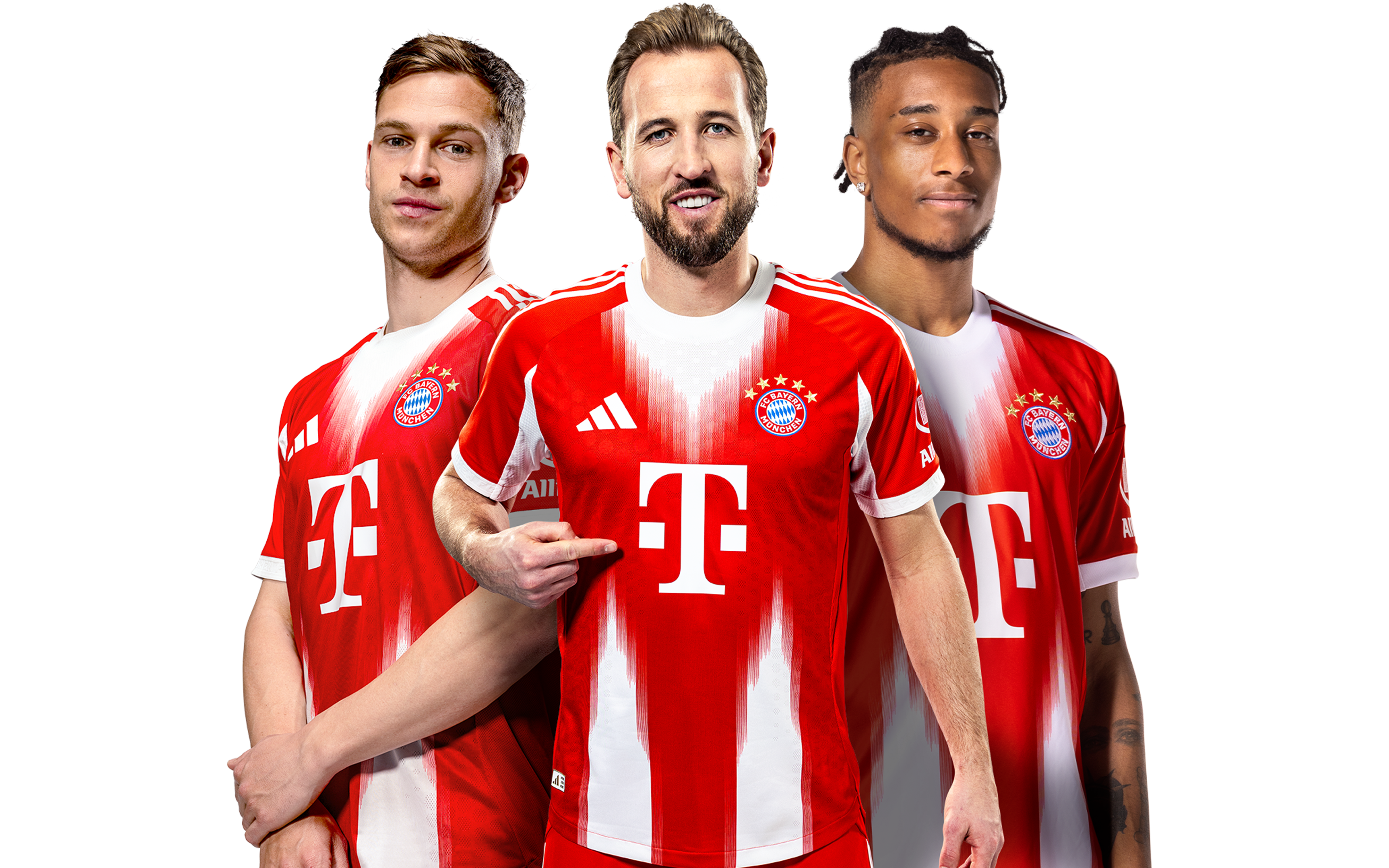 Werbegrafik mit den Spielern Kimmich, Kane und Olise.